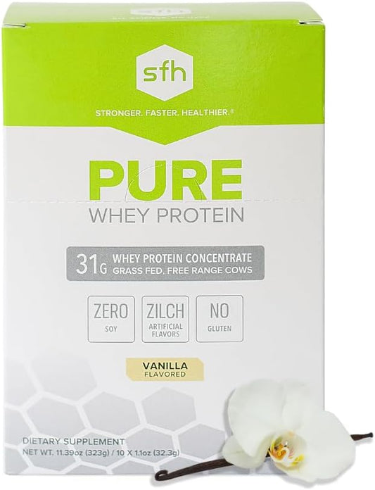 SFH Pure Whey Protein Powder | Best Tasting Grass Fed New Zealand Whey | All Natural | 100% Non-GMO, No Artificials, Soy Free, Gluten Free | Vanilla (Pack of 10 Single Serves)
