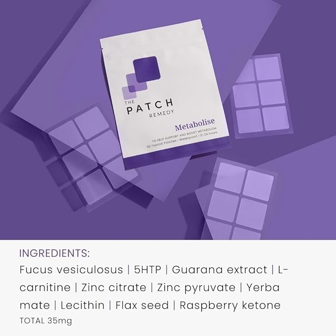The Patch Remedy Metabolise Patches | 30 Topical Patches | Waterproof | Ingredients Including 5HTP, Guarana Extract, L- carnitine and Lecithin | Lasts 12-24 Hours