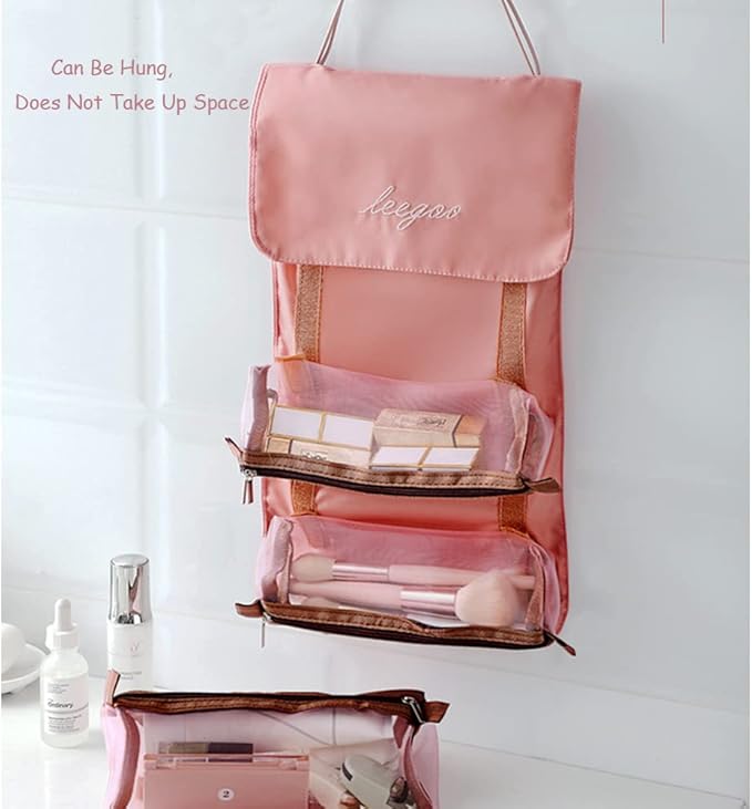 Roll Up Makeup Bag, Hanging Toiletry Bag, 4 in 1 Detachable Cosmetic Bag, 4 Removable Storage Bags, Travel Makeup Organizer Bags for Women Men(Pink)