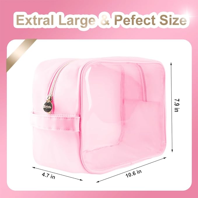 Extra Large Preppy Transparent Makeup Pouch Women Travel Clear TPU and Nylon Cosmetic Pouch (Extral-Large,Pink)