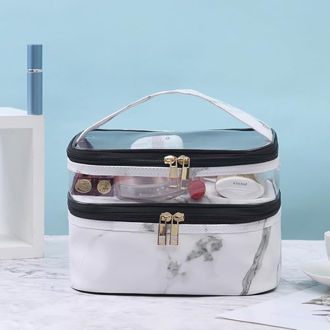 FITINI 3 Pieces Makeup Bags Marble Double Layer Travel Large Cosmetic Cases Organizer Toiletry Bags Waterproof Small Zipper Pouch for Women Makeup Brush Storage Bag,White