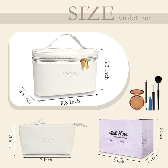 Travel Cosmetic Bag for Women, PU Leather Cosmetic Bag Set of 2, Waterproof, Large Makeup Bag with Handle (White makeup bag)