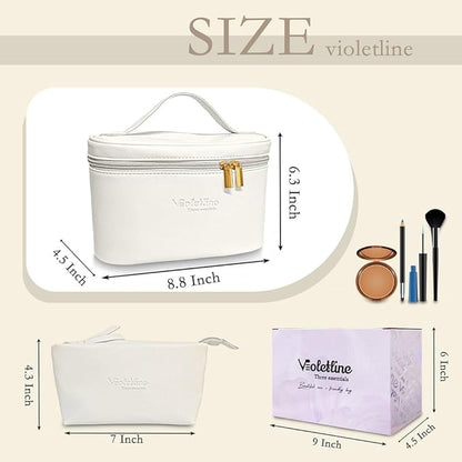 Travel Cosmetic Bag for Women, PU Leather Cosmetic Bag Set of 2, Waterproof, Large Makeup Bag with Handle (White makeup bag)