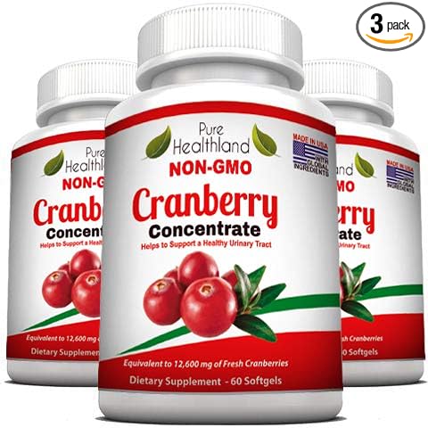 Non GMO Cranberry Concentrate Supplement Pills for Urinary Tract Infection UTI. Equals 12600mg Cranberries. Triple Strength Kidney Bladder Health for Men & Women. Easy to Swallow Softgels, 3 Bottles