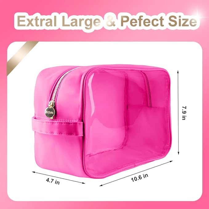 Clear Makeup Bag Preppy Stuff Bag Transparent Makeup Pouch Women Travel Clear Toiletry Bag TPU and Nylon Cosmetic Pouch (Extral-Large, HotPink)