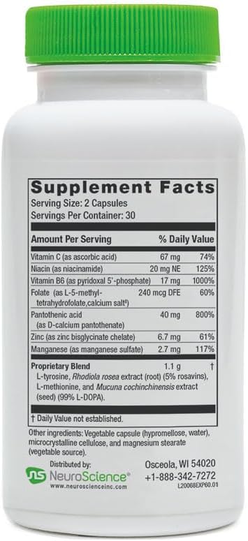 NeuroScience Adrenal Support Supplements for Men & Women - ExcitaPlus - Extra Strength Rhodiola & L Tyrosine Supplement - Help Reduce Fatigue & Encourage Healthy Cortisol (120 Capsules)