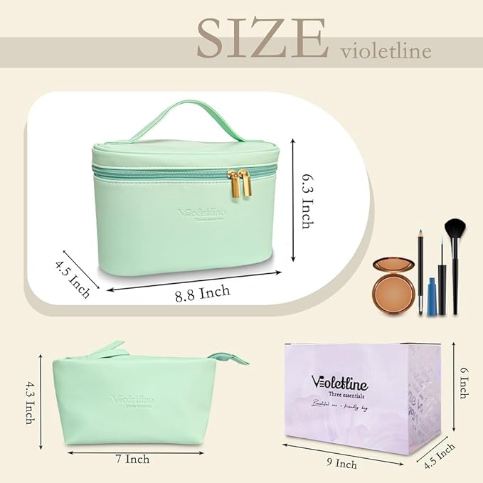 Travel Cosmetic Bag for Women, PU Leather Cosmetic Bag Set of 2, Waterproof, Large Makeup Bag with Handle (Turquoise makeup bag)