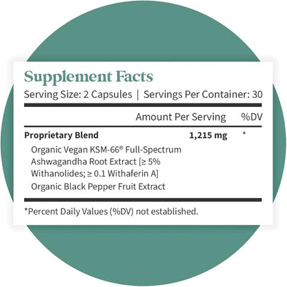 Pattern Wellness Ashwagandha Complex for Men & Women - KSM-66 & Black Pepper Extract - Whole Body & Heart Health - Supports Stress & Mood - Non-GMO - 60 Vegan Capsules