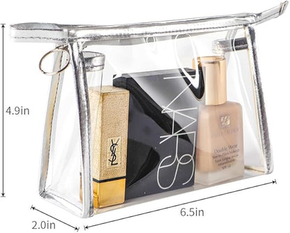 fashion portable cosmetic bag,Visible large capacity TPU storage bag, for Business Travel bath, Unisex (transparent 3pcs set) (silver rim transparent triangular zippered cosmetic bag)
