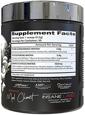 Insane Labz Psychotic Test, High Stim Testosterone Energy and Pump Boosting Pre-Workout Powder with DMAE Bitartrate, D Aspartic Acid, Creatine HCL and Glycerol Monostearate, 30 Servings, Fruit Punch