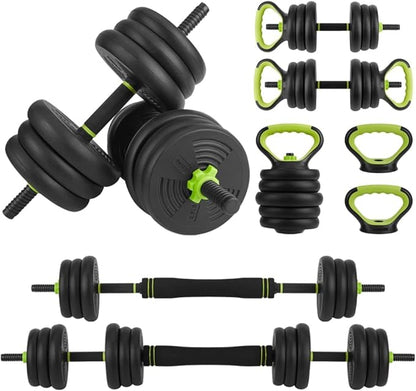 Adjustable Dumbbell and Kettlebell Set, 4 in 1, 44lbs/66lbs/88lbs Weight Used as Kettlebells, Barbell, Push up Stand for Home Gym, Green and Black, Round Head
