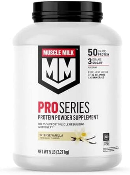 Muscle Milk Pro Series Protein Powder Supplement, Intense Vanilla, 5 Pound 28 Servings & 2 Pound 11 Servings, 50g Protein, 20 Vitamins & Minerals