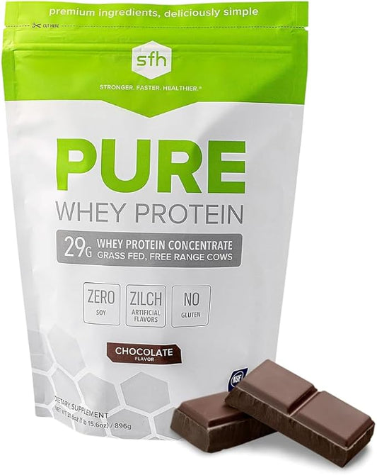 SFH Pure Whey Protein Powder (Chocolate) Best Tasting Grass Fed Whey | All Natural | Non-GMO, No Artificials, Soy Free, Gluten Free | (Chocolate, 31.6 Ounce (Pack of 1)