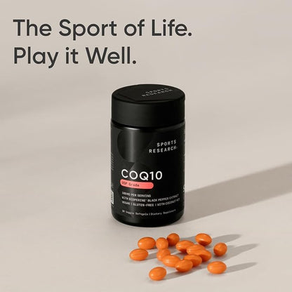 Sports Research CoQ10 (100mg) Enhanced w/Coconut Oil & Bioperine (Black Pepper) for Better Absorption | Vegan, Non-GMO Verified (30 Veggie Softgels)