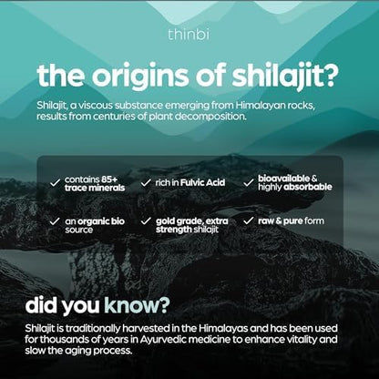 Thinbi Pure Himalayan Shilajit 10000mg Maximum Potency Organic Capsules 90 Count with Fulvic Acid & Trace Minerals for Enhanced Energy and Immune Support Men & Women Better Than Shilajit Resin