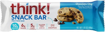 think! Protein Bars with Chicory Root for Fiber, Digestive Support, Gluten Free with Whey Protein Isolate, Chocolate Chip, Snack Bars without Artificial Sweeteners, 1.4 Oz (10 Count)