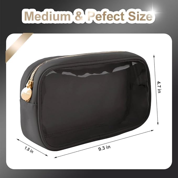 Slim Transparent Makeup Pouch Women Travel Clear TPU and Nylon Cosmetic Pouch (Medium, Black)
