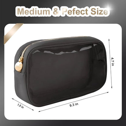 Slim Transparent Makeup Pouch Women Travel Clear TPU and Nylon Cosmetic Pouch (Medium, Black)