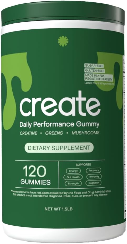 Create Daily Performance Gummy - Creatine Monohydrate Gummies for Men & Women - Boost Energy, Immunity, and Strength, Anti-Melting Formula, Vegan, Gluten-Free, Non-GMO, 1 g Creatine per Gummy (120 ct)