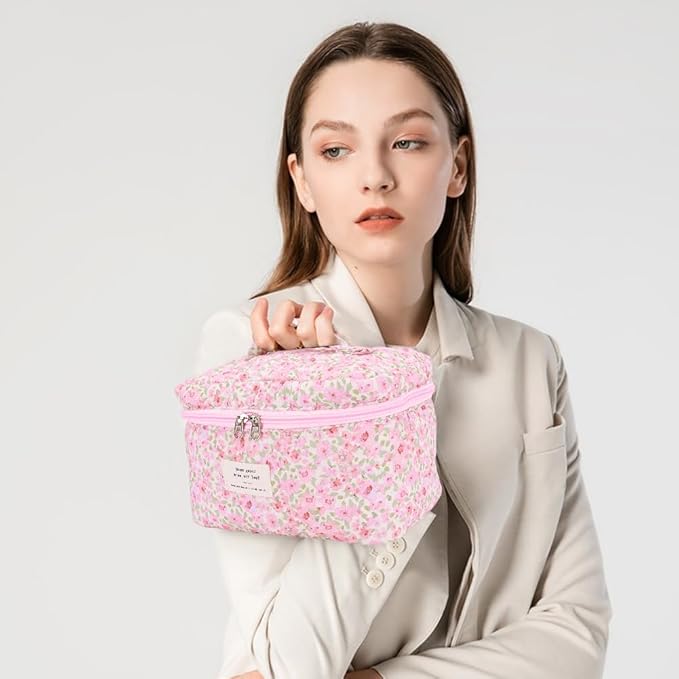 Quilted Makeup Bag Set 3 Pcs Cotton Cute Makeup Bags For Women Large Aesthetic Floral Cosmetic Bag Coquette Flower Makeup Pouch