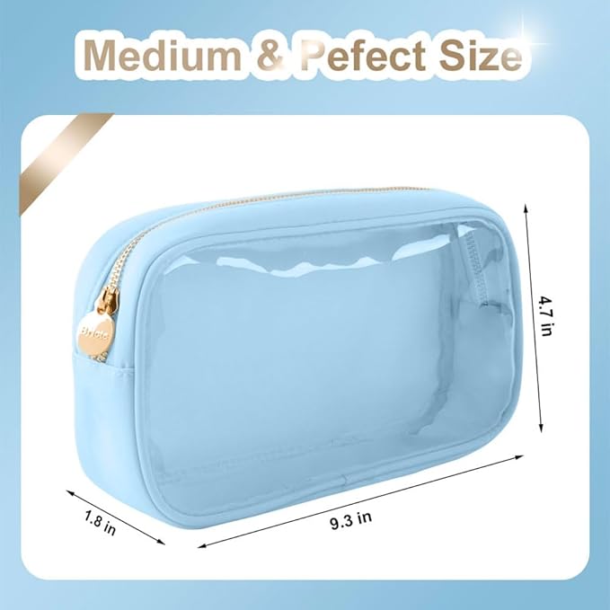 Travel Clear Slim Cosmetic Bag Preppy TPU and Nylon Makeup Bag for Women (Medium, IceBlue)