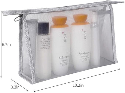 fashion portable cosmetic bag,Visible large capacity Nylon storage bag, for Business Travel bath, Unisex (gray 3pcs set) (gray whole mesh triangle zippered cosmetic bag)