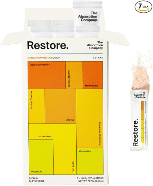Electrolyte Powder Packets - Workout Recovery & Hydration Drink Mix with Liposomal Glutathione, Vitamin C & Methylated B Vitamins - Mango Lemonade (7 Sticks)