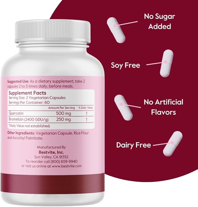 BESTVITE Quercetin with Bromelain 500mg/250mg (240 Vegetarian Capsules) (120 x 2) - No Stearates - No Silicon Dioxide - Vegan - Non GMO - Gluten Free