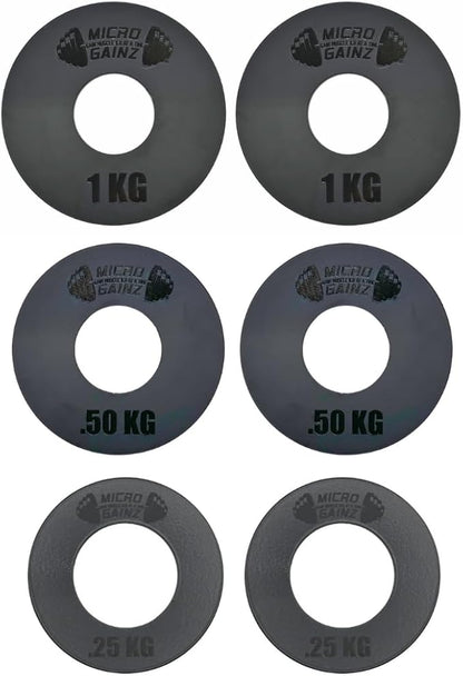 Micro Gainz Olympic Kilogram Fractional Weight Plate Set of 6 Steel Plates- (2-.25KG, 2-.50KG, 2-1KG) Plates -Designed for Olympic Barbells, Used for Strength Training and Micro Loading, Made in USA