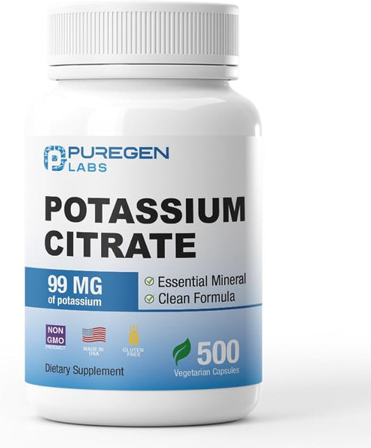Puregen Labs Potassium Citrate 99 mg of Elemental Potassium Supplement | No Harmful Additives | Non-GMO, Gluten Free | Made in USA - 500 Vegetarian Capsules