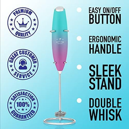Zulay Kitchen Powerful Double Whisk Milk Frother Handheld - Foam Maker With Stand - Whisk Drink Mixer for Coffee, Mini Foamer for Latte, Matcha, Frappe, Hot Chocolate & Cappuccino (Bubblegum)