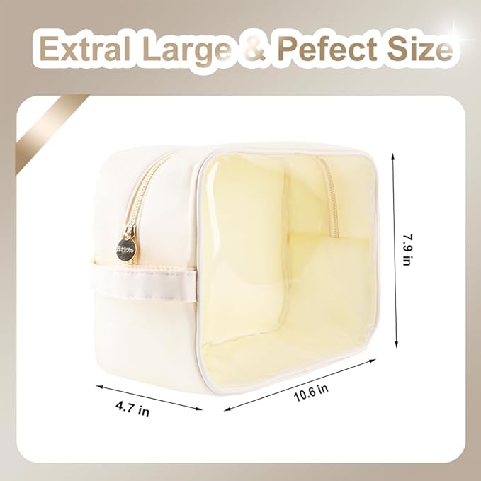 Extra Large Preppy Transparent Makeup Pouch Women Travel Clear TPU and Nylon Cosmetic Pouch (Extral-Large, Beige)