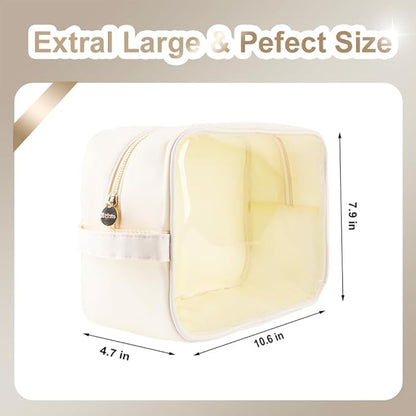 Extra Large Preppy Transparent Makeup Pouch Women Travel Clear TPU and Nylon Cosmetic Pouch (Extral-Large, Beige)