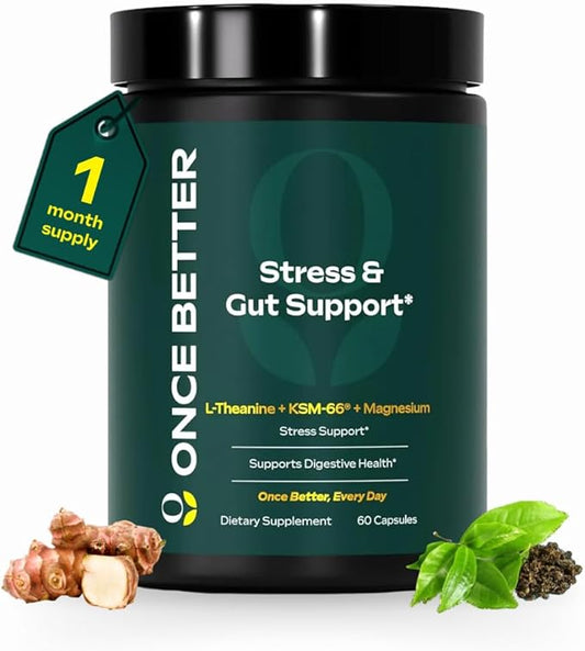 Once Better™️ Stress & Gut Support Supplement – Ashwagandha KSM-66®, L-Theanine, Magnesium Glycinate, Probiotics & Inulin for Digestive Health & Stress Relief – 60 Capsules - Men & Women