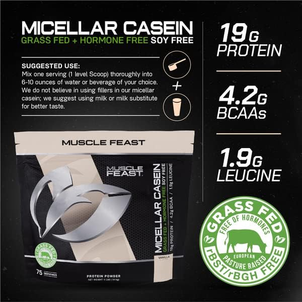 Muscle Feast Pasture Raised + Grass Fed Micellar Casein + RBST/rBGH Free, Vanilla, 4lb
