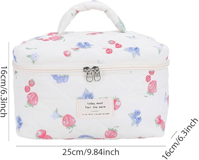 Quilted Makeup Bag Set 3 Pcs Cotton Cute Makeup Bags For Women Large Aesthetic Floral Cosmetic Bag Coquette Flower Makeup Pouch