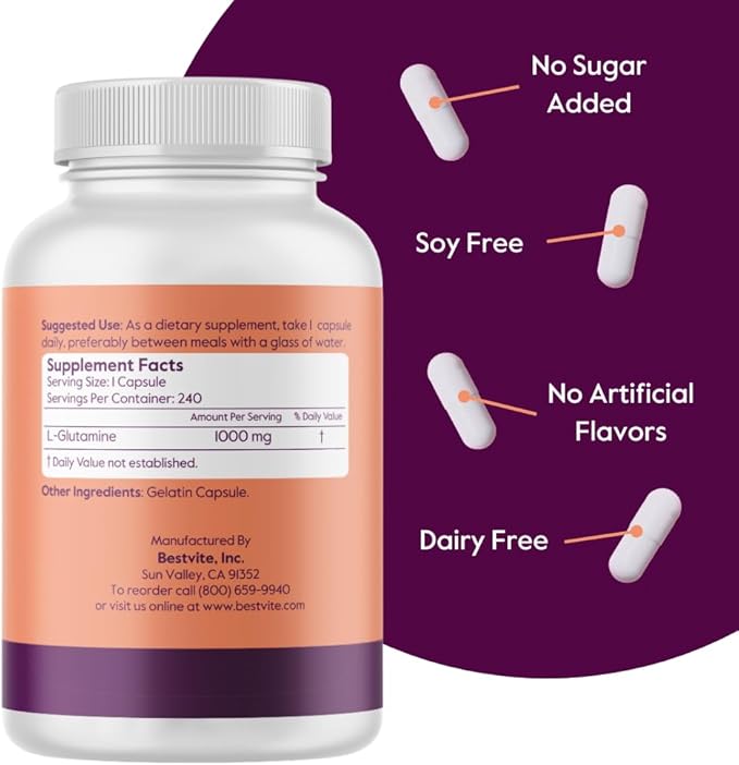 BESTVITE L-Glutamine 1000mg per Capsule (240 Capsules) - Free Form - No Stearates - No Fillers - Gluten Free - Non GMO - Pure L Glutamine Supplement - Maximum Strength Glutamine Capsules