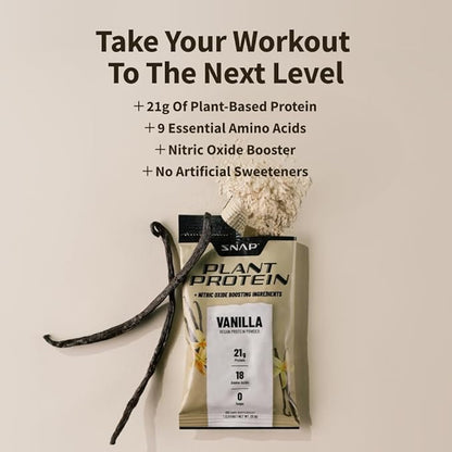 Snap Supplements 100% Plant Based Protein Powder Stick Packs with Nitric Oxide Booster (10 Pack, Vanilla)