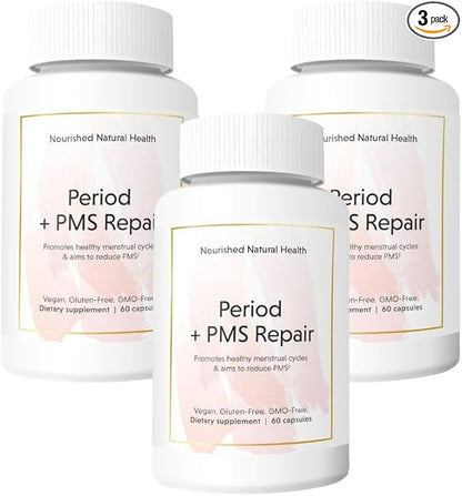 Nourished Period + PMS Repair - Menstrual Cycle Support Supplement for Women - Vegan Formula for Monthly Cycles, Cramping, Mood, Headaches - 3 Bottles