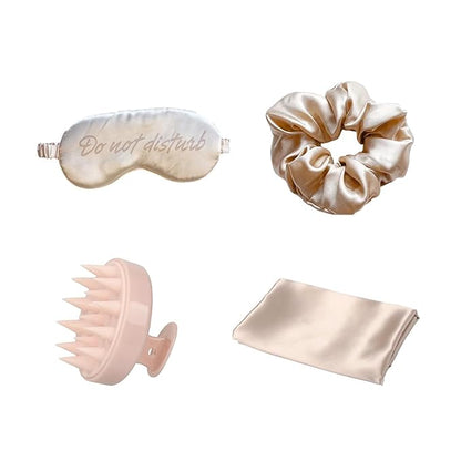 Holler & Glow Bedtime Basics Accessories Set, Limited Edition, Sleep Eye Mask, Silk Scrunchie, Hair Growth Scalp Massager, Satin Pillowcase, Beauty Sleep For Women & Mother’s, 4 Piece Gift Set