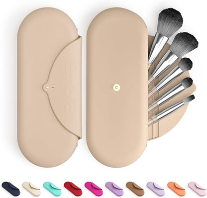 Embla Makeup Brush Holder Travel Cosmetic Case Pouch, Soft Silicone Cosmetic Bag Make Up Brushes Holder with Secure Snap Closure, Travel Makeup Brush Case, Sand
