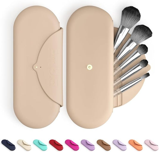 Embla Makeup Brush Holder Travel Cosmetic Case Pouch, Soft Silicone Cosmetic Bag Make Up Brushes Holder with Secure Snap Closure, Travel Makeup Brush Case, Sand