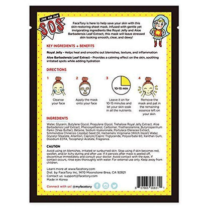 FACETORY K Beauty Face Mask Skin Care - SOS SAVE OUR SKIN RESTORING Sheet Mask with Royal Jelly & Aloe | De-Stress, Calm Inflammation, Dewy Skin (10 Pack)