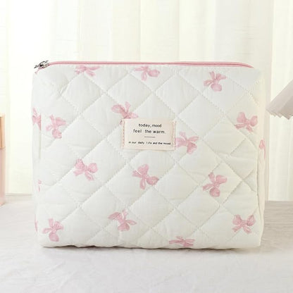 3 Pcs Quilted Makeup Bag Set,Coquette Bow Make up Bag,Cute Floral Makeup Bags Large Travel Toiletry Cosmetic Bag Organizer for Women Girls (L-3PCS)