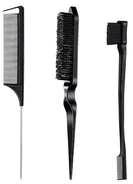 Hair Styling Brush Set - Slick Back Comb, Edge Control Brush, Rat Tail Comb for Smooth Styling, Frizz Taming, and Parting (3 Pieces)