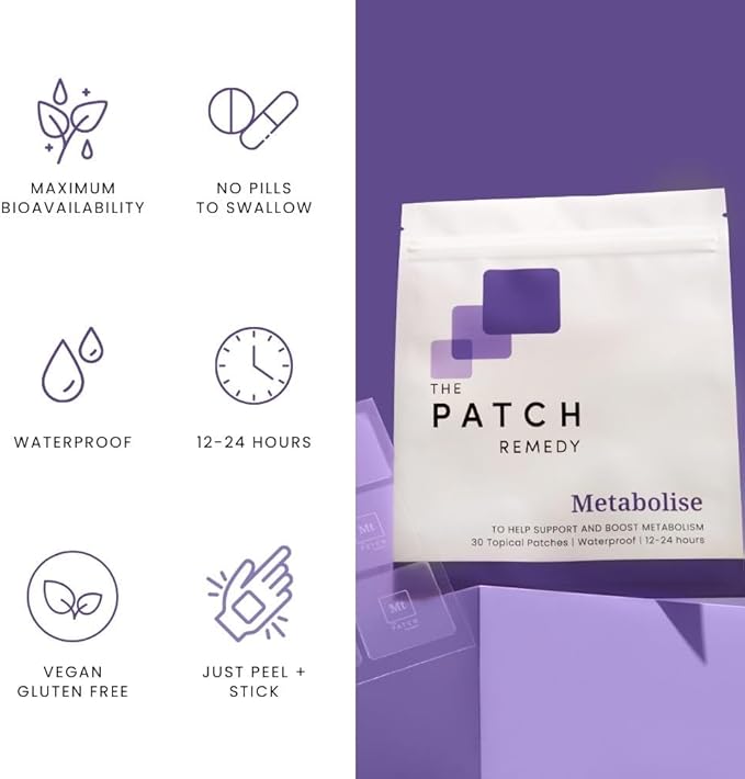 The Patch Remedy Metabolise Patches | 30 Topical Patches | Waterproof | Ingredients Including 5HTP, Guarana Extract, L- carnitine and Lecithin | Lasts 12-24 Hours