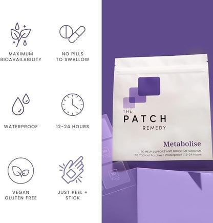 The Patch Remedy Metabolise Patches | 30 Topical Patches | Waterproof | Ingredients Including 5HTP, Guarana Extract, L- carnitine and Lecithin | Lasts 12-24 Hours