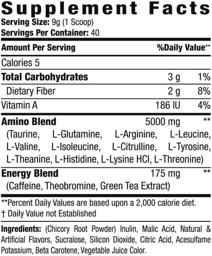 Amino+ Powder - Pre and Post Workout with Caffeine + Green Tea Extract - BCAA, Amino Acids, Zero Sugar, Low Calorie, Superior Taste, 40 Servings (Raspberry Lemonade)