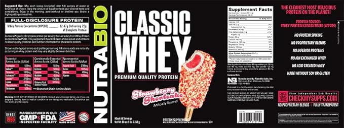 NutraBio Classic Whey Protein Powder - No Fillers, Artificial Colors, Preservatives - Low Glycemic Index - Strawberry Shortcake, 5 Pounds