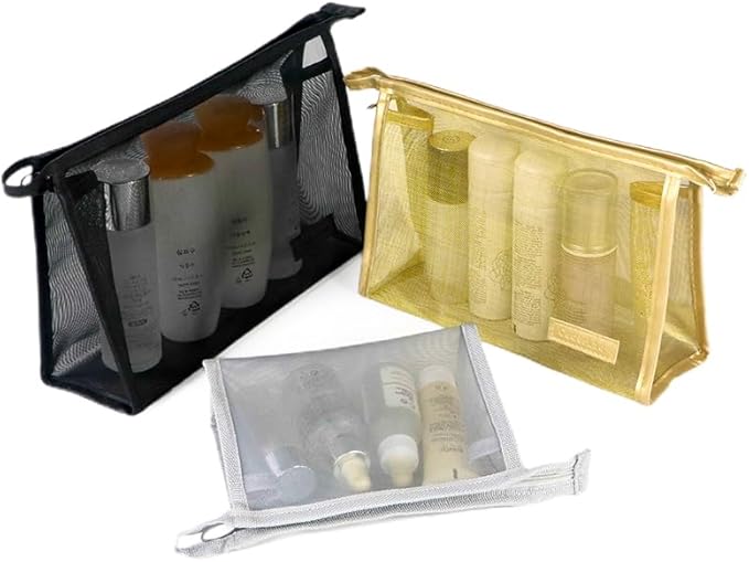 fashion portable cosmetic bag,Visible large capacity Nylon storage bag, for Business Travel bath, Unisex (mixed colors 3pcs set) (mixed colors whole mesh triangle zippered cosmetic bag)